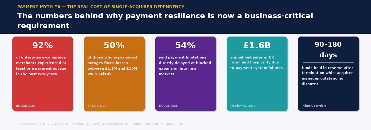  Five stat cards showing the real cost of payment outages and single-acquirer dependency — 92% experiencing outages, loss ranges, market expansion blocked, funds held on termination