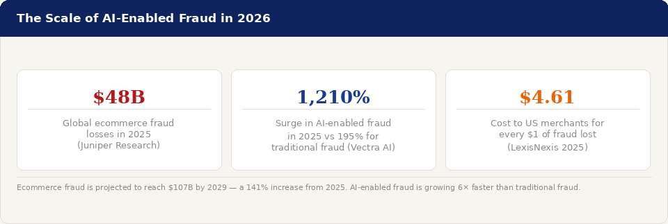 Bar chart showing three key AI fraud statistics for 2026: $48 billion in global ecommerce fraud losses, a 1,210% surge in AI-enabled fraud, and $4.61 cost to US merchants per $1 of fraud lost.