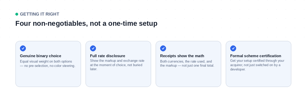 Four practices for implementing dynamic currency conversion correctly: genuine choice, full disclosure, itemized receipts, and formal scheme certification