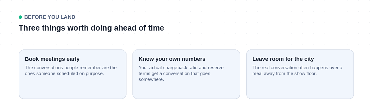 Three things worth doing before TES Prague: booking meetings in advance, knowing your own chargeback and reserve numbers, and leaving room for the city itself